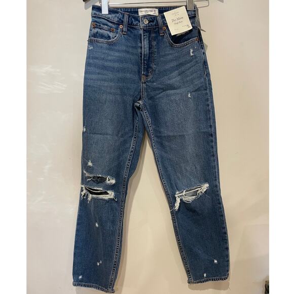 Abercrombie & Fitch Curve Love Knee Destroy High Rise Mom Jeans Blue Women's 25 - Picture 2 of 6